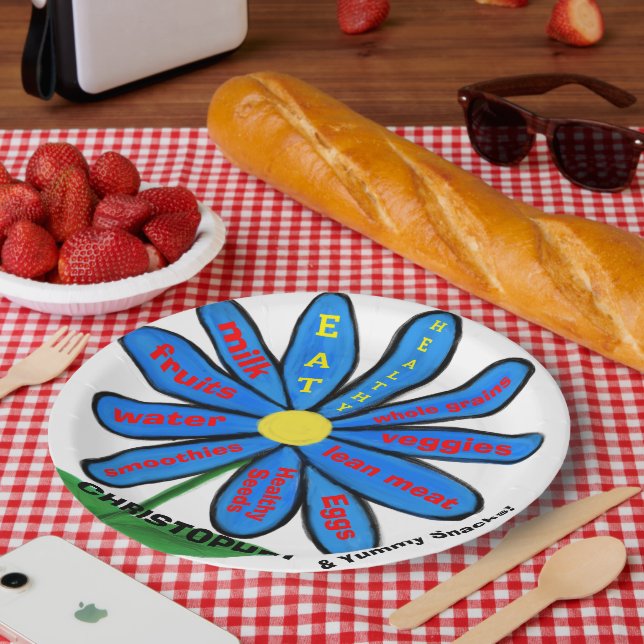 Assiettes En Carton Mangez Sain Bleu Faisceau Nom des enfants Floral (Pique-nique)