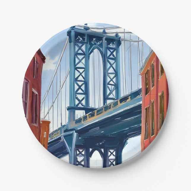 Assiettes En Carton Manhattan Bridge New York City Peinture (Devant)