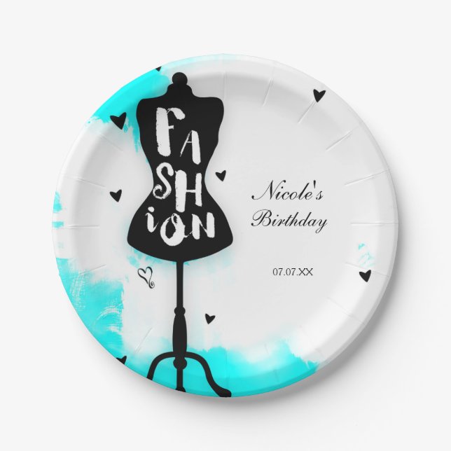 Assiettes En Carton Mannequin Stand MODE Aqua & Blanc avec Coeurs (Devant)