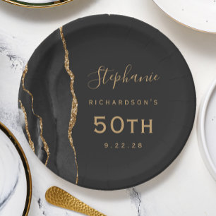 Assiettes En Carton Marbre Agate Noire Or Sombre 50e Anniversaire