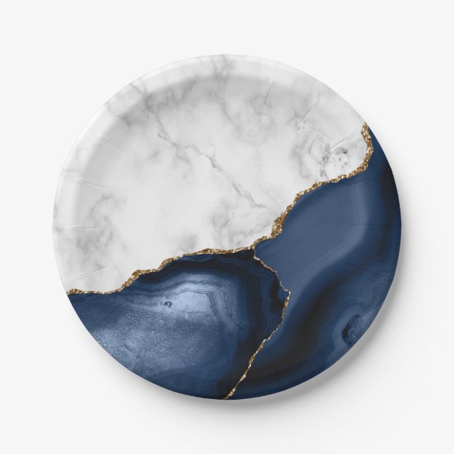 Assiettes En Carton Marbre blanc Agate Navy Blue dorée (Devant)