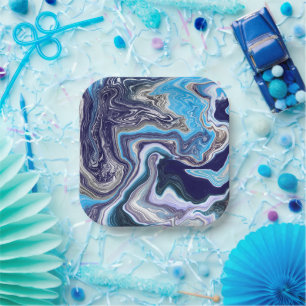 Assiettes En Carton Marbre bleu Fluid Art Anniversaire