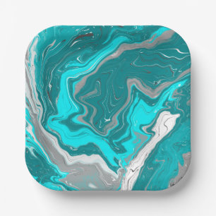 Assiettes En Carton Marbre bleu, Turquoise et turquoise Fluid Art