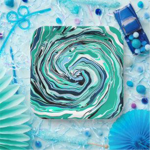 Assiettes En Carton Marbre bleu, Turquoise, turquoise et blanc