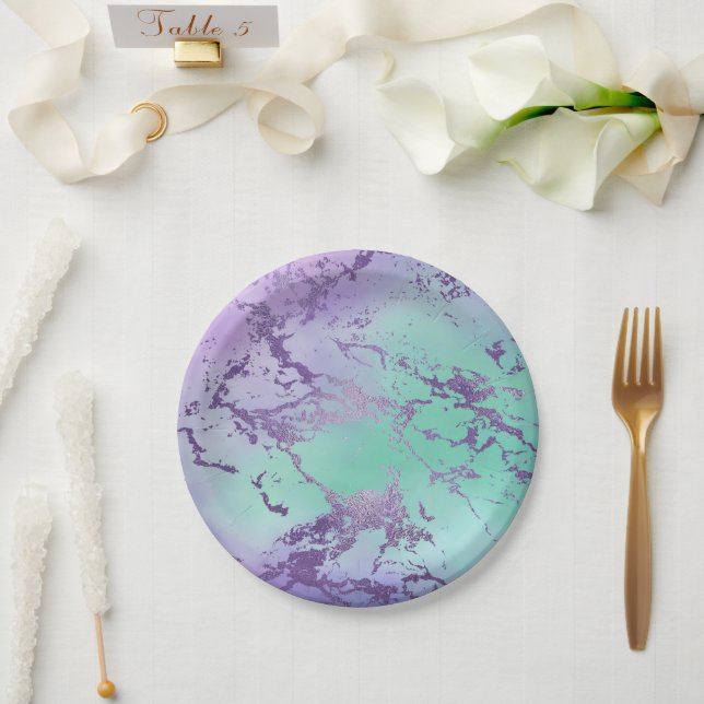 Assiettes En Carton Marbre chic | Lavande violet et vert menthe (Mariage)