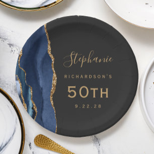Assiettes En Carton Marbre d'agate bleu marine Or Anniversaire 50 ans