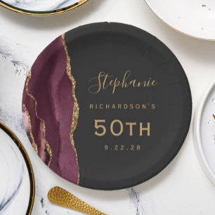 Assiettes En Carton Marbre d'agate de Bourgogne Or Anniversaire 50 ans