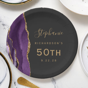 Assiettes En Carton Marbre d'agate violette Or Anniversaire sombre 50 