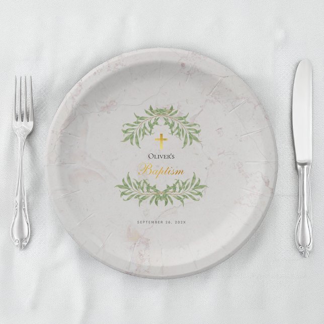 Assiettes En Carton Marbre de baptême Feuillage verdure Écriture dorée (Créateur téléchargé)