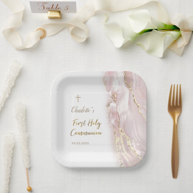 Assiettes En Carton marbre de fluide rose Première Communion (Mariage)