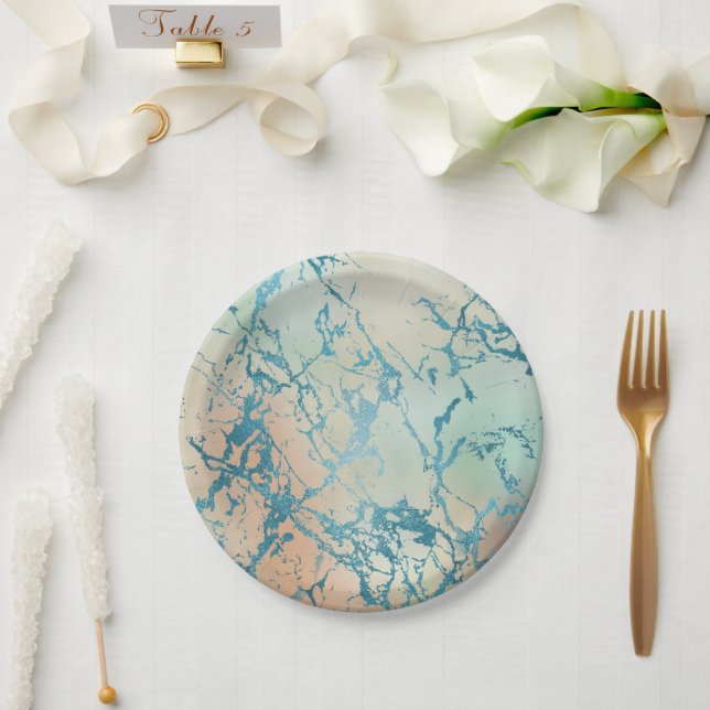 Assiettes En Carton Marbre de luxe | Belle veine Turquoise jaune et co (Mariage)