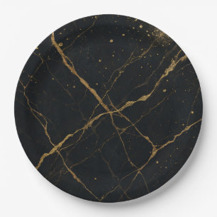 Assiettes En Carton Marbre de Minuit Doré Mariage Noir & Or