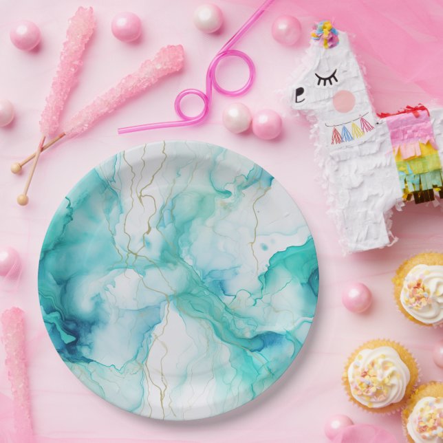 Assiettes En Carton Marbre d'encre or Mint Aqua (Fête)