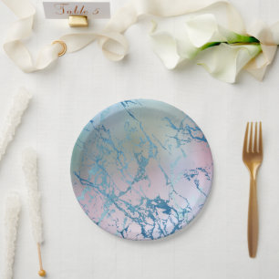 Assiettes En Carton Marbre Iridescente Tendance Faux Holo bleu rose