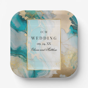Assiettes En Carton Marbre moderne Turquoise et or Mariage