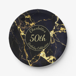 Assiettes En Carton Marbre noir & or élégant 50e anniversaire