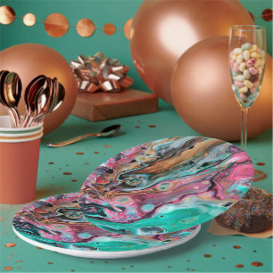 Assiettes En Carton Marbre rose et vert