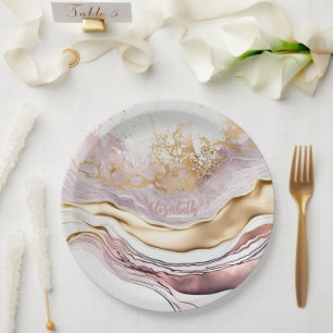 Assiettes En Carton Marbre Rose Foncé avec Or