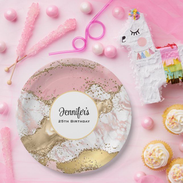 Assiettes En Carton Marbre rose or Rose de luxe Design Anniversaire (Fête)