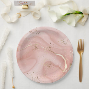 Assiettes En Carton Marbre Rose Pâle Pailleté Or Motif Abstrait