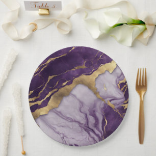 Assiettes En Carton Marbre Tourbillon Luxueux Minimaliste Or Lilas Vio
