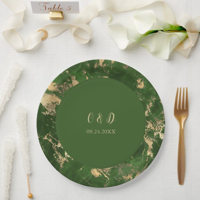 Assiettes En Carton Marbre Vert Et Or Mariage (Mariage)