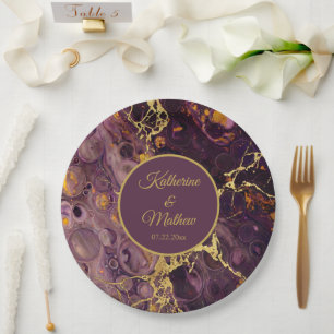 Assiettes En Carton Marbre Violet Luxueux Prune Avec Nom