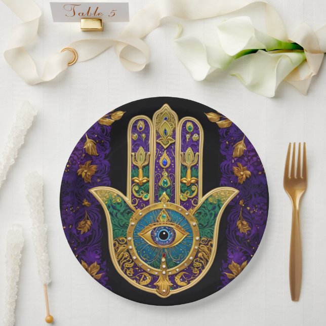 Assiettes En Carton Mardi Gras Gold violet vert Hamsas Art (Mariage)