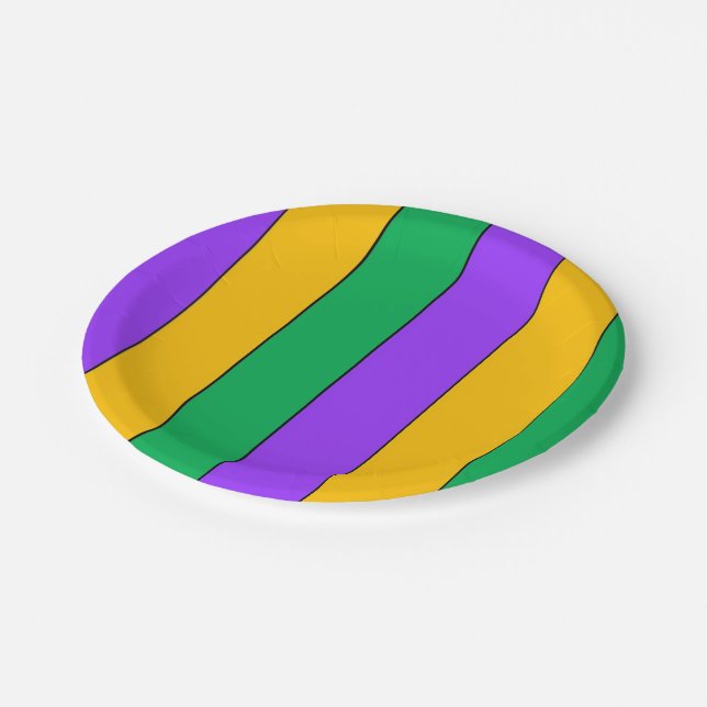 Assiettes En Carton Mardi Gras Gras Stripes Motif jaune violet vert (Angle)
