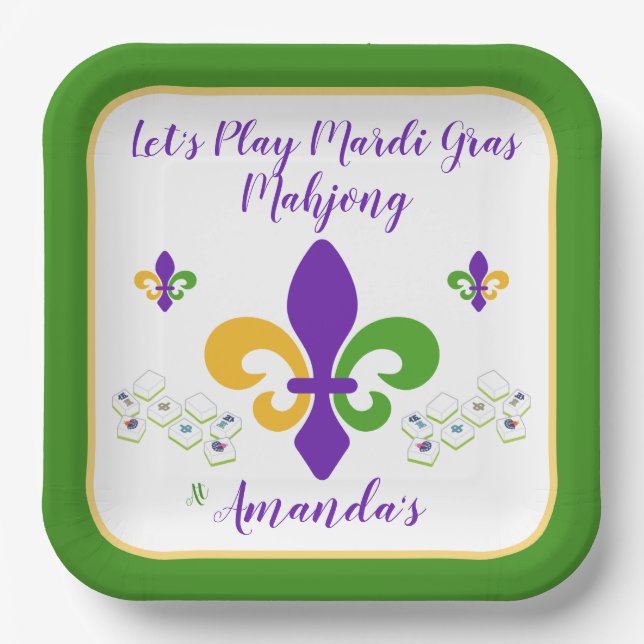 Assiettes En Carton Mardi Gras Mahjong NAME Green Gold Purple Fleur de (Recto)