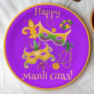 Assiettes En Carton Mardi Gras Masque Fleur de Lis Perles King Cake