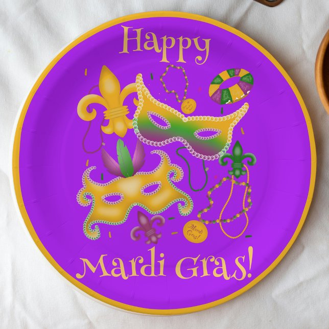 Assiettes En Carton Mardi Gras Masque Fleur de Lis Perles King Cake (Créateur téléchargé)
