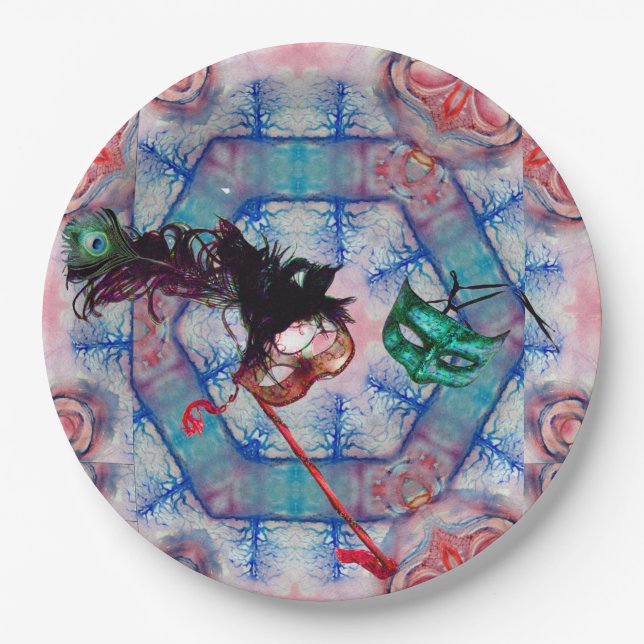 Assiettes En Carton MARDI GRAS MASQUERADE BALL MASK bleu rose violet (Devant)