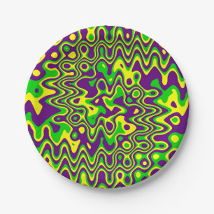 Assiettes En Carton [Mardi Gras OpArt] Jaune violet vert