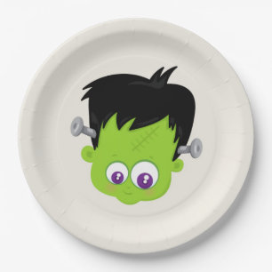 Assiettes En Carton Mare Green Frankenstein Monster face Halloween