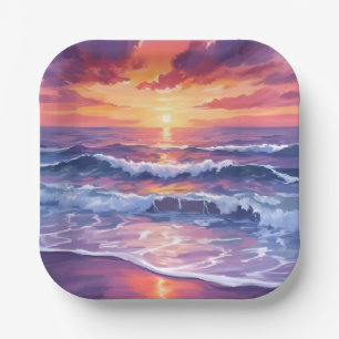 Assiettes En Carton Marée Violette Vagues de l'océan au coucher de s