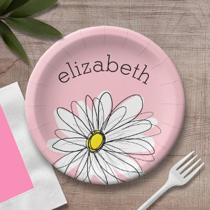 Assiettes En Carton Marguerite Whimsical rose et blanc avec texte pers