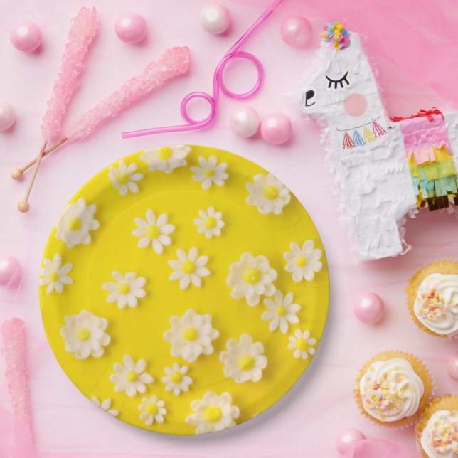 Assiettes En Carton Marguerites avec un arrière - plan jaune (Fête)