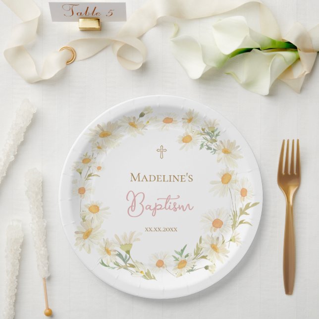 Assiettes En Carton marguerites d'aquarelle Baptême (Mariage)