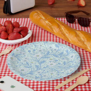 Assiettes En Carton Marguerites en blanc et bleu sur verre de mer