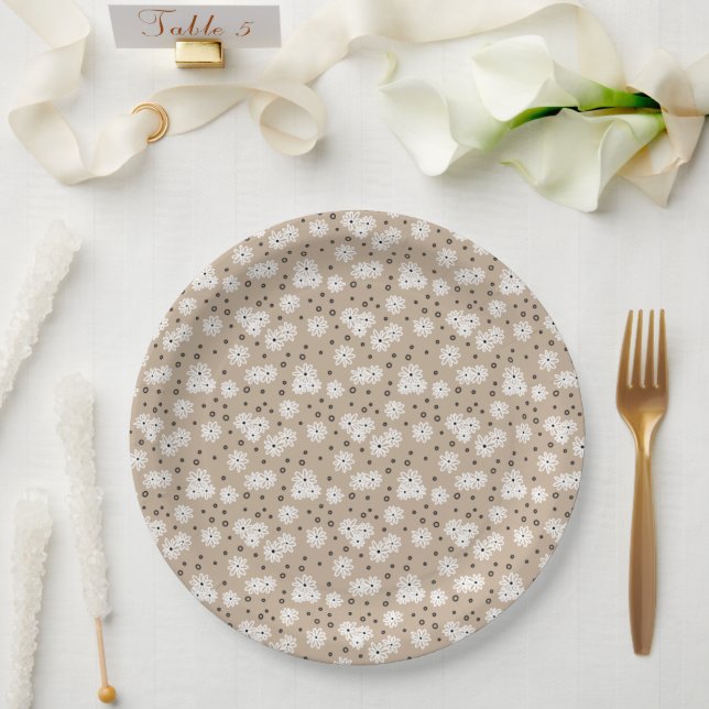 Assiettes En Carton Marguerites et points - Taupe, noir et blanc (Mariage)