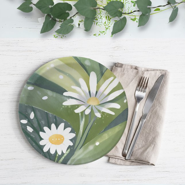 Assiettes En Carton Marguerites printanières | Jardin floral blanc aqu (Créateur téléchargé)