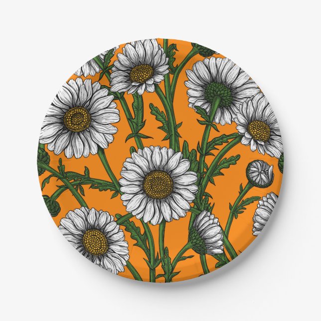 Assiettes En Carton Marguerites sur orange (Devant)