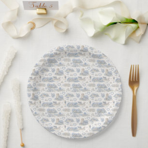 Assiettes En Carton Mariage à l'aquarelle dans un village anglais bleu