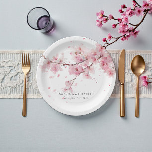 Assiettes En Carton Mariage à l'aquarelle Fleur de Cerisier Rose Tendr