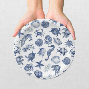 Assiettes En Carton Mariage à l'aquarelle moderne bleu côtier de plage