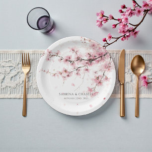 Assiettes En Carton Mariage à l'aquarelle rose saumon Fleur de cerisie
