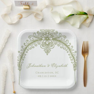 Assiettes En Carton Mariage à l'arche avec fioriture française vert ol