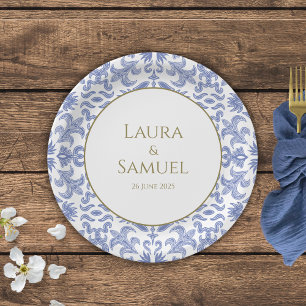 Assiettes En Carton Mariage à motif bleu Dusty de style vintage