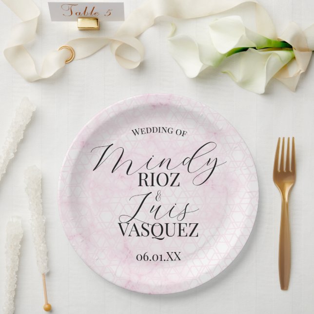 Assiettes En Carton Mariage Abstrait Rose Script Noir  (Mariage)
